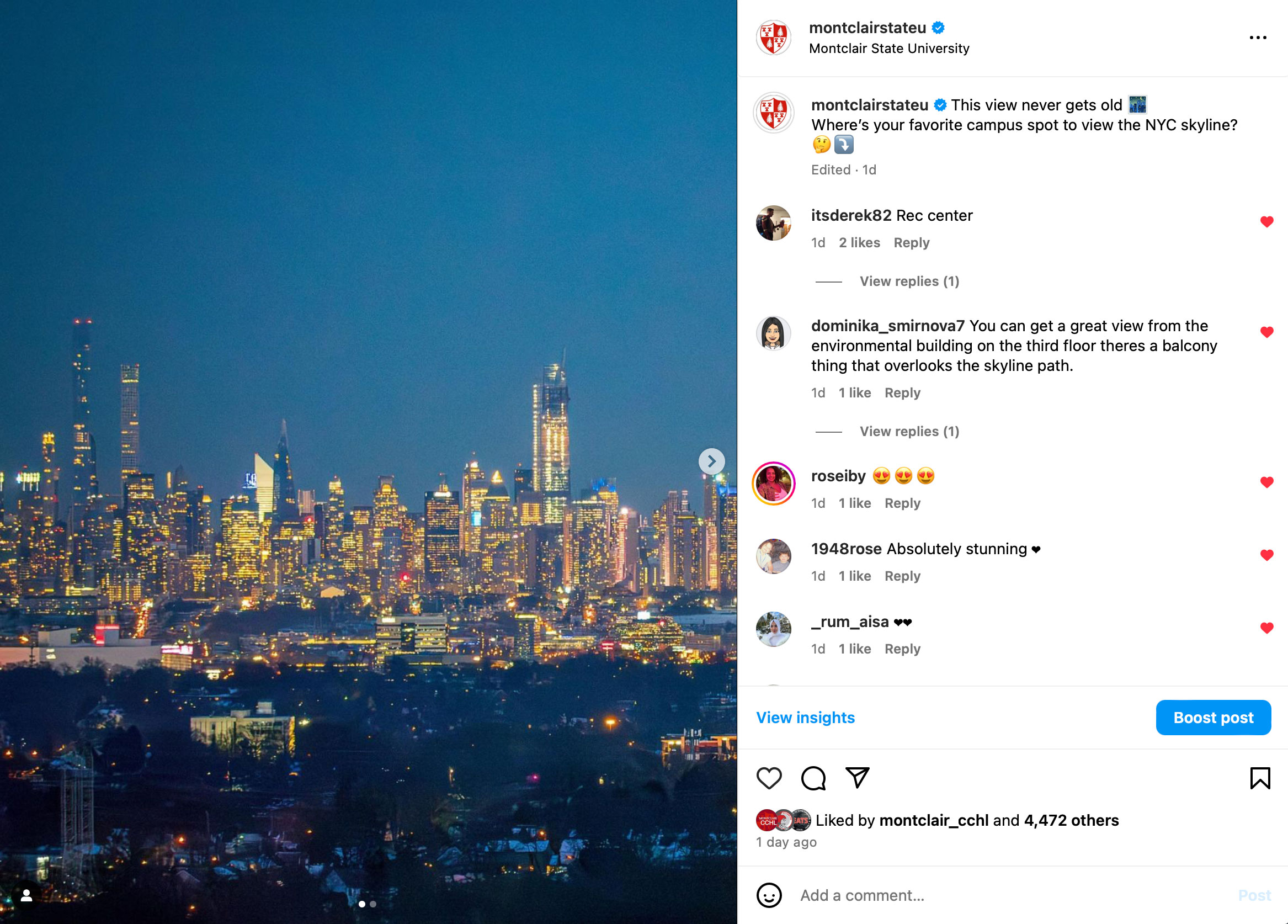 Screenshot of instagram post showing NYC skyline from campus