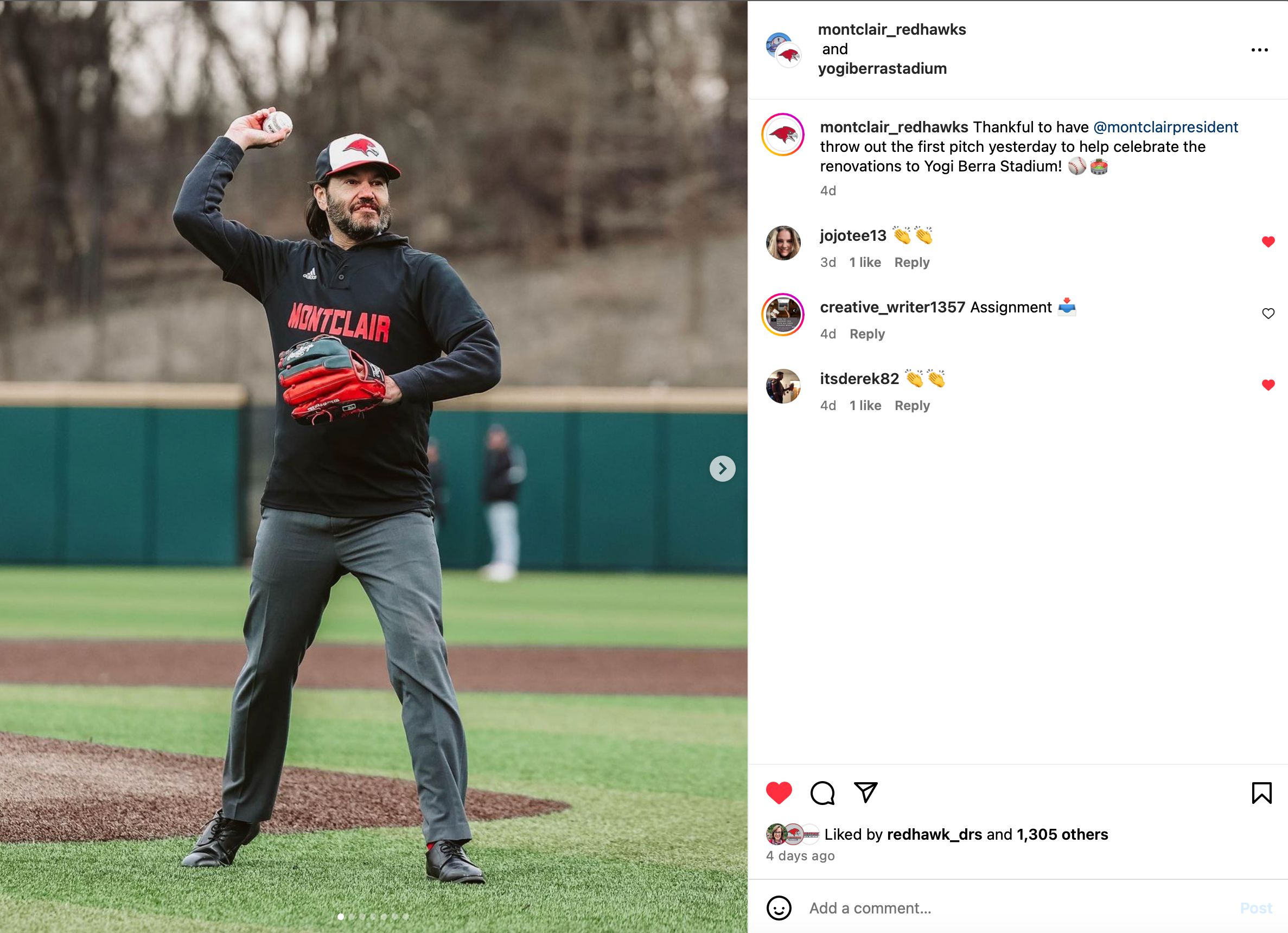 Instagram post of President Koppell throwing out the first pitch