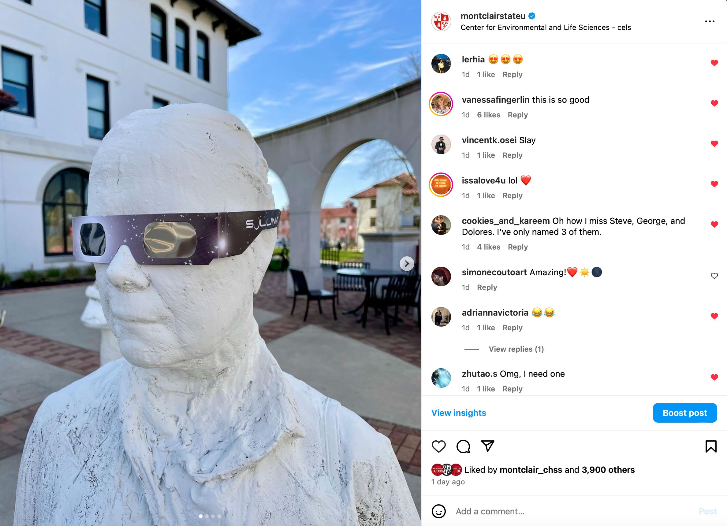 Screenshot of instagram photo showing Street Crossing statue wearing solar eclipse glasses