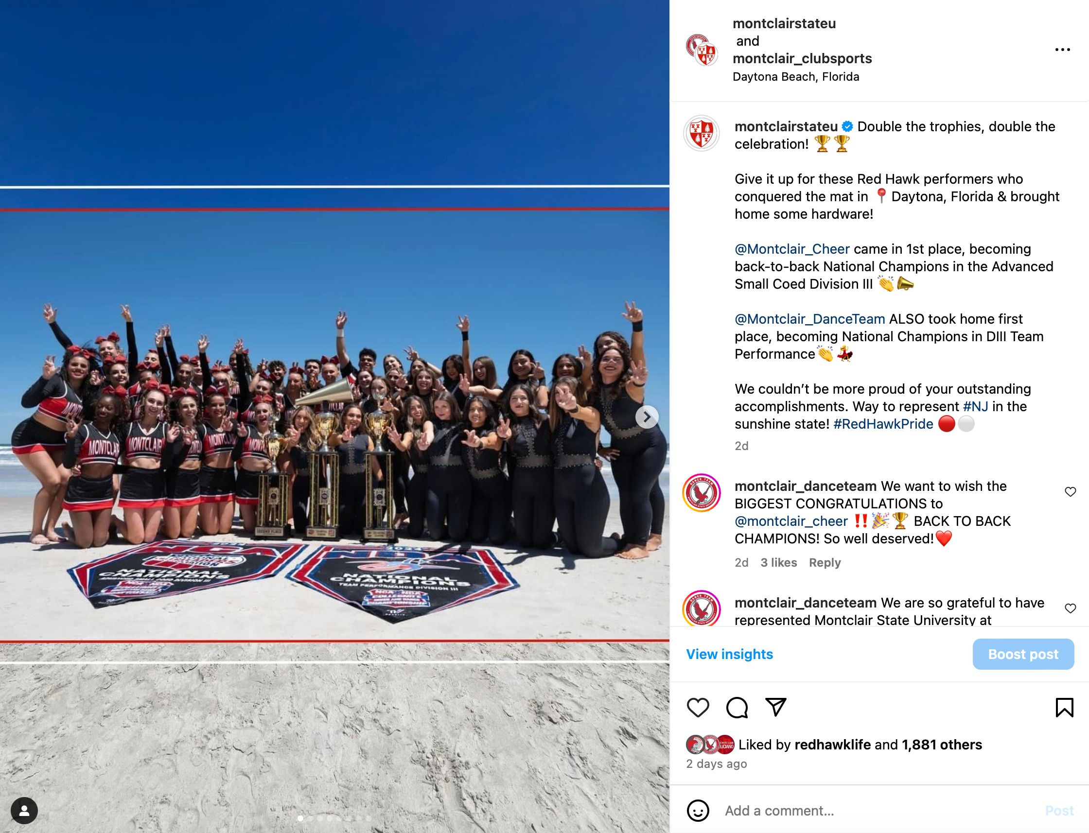 Instagram post showing Montclair cheer and dance teams on a sunny beach posing with trophies