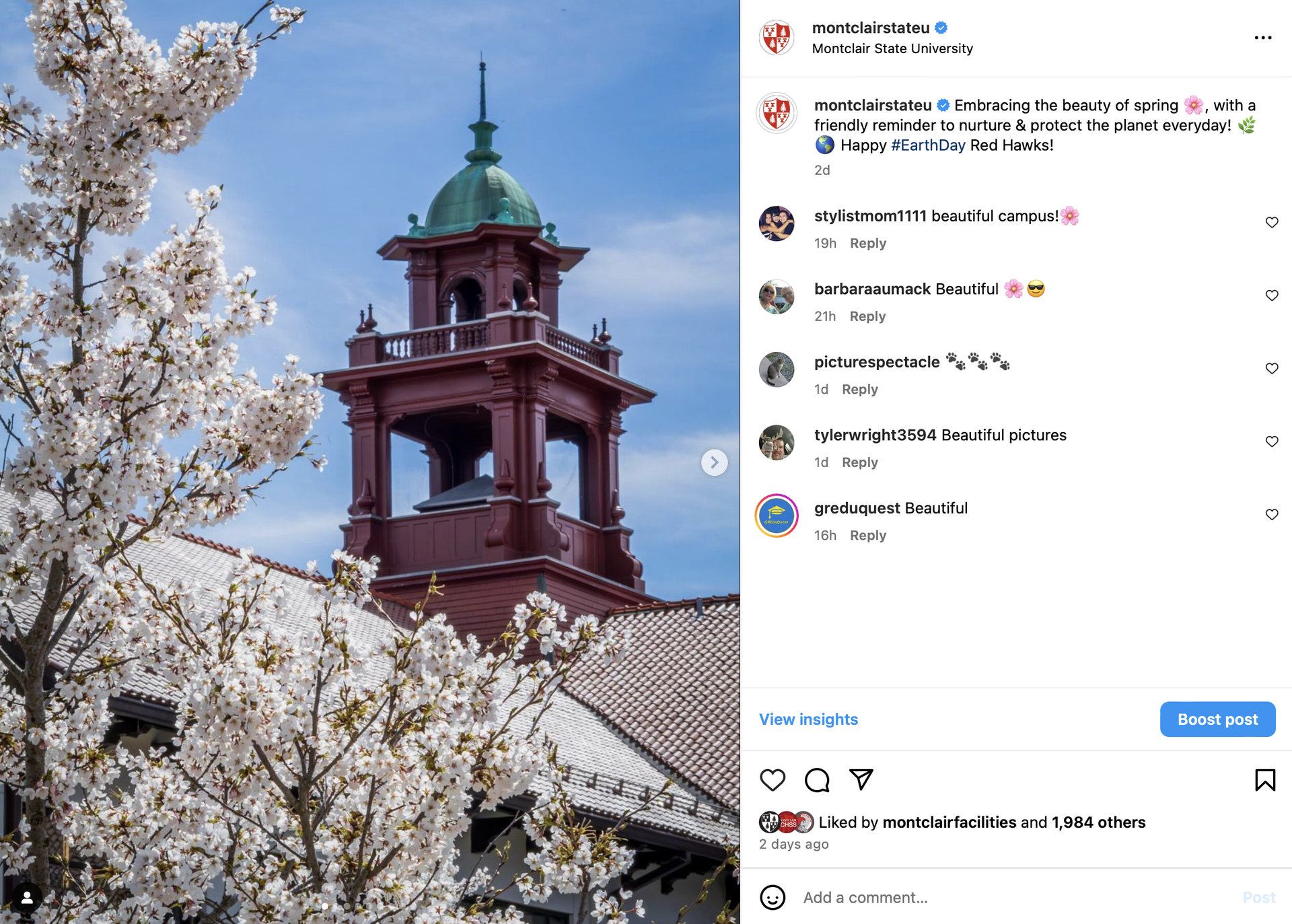 Screenshot of instagram photo showing the bell tower in spring.