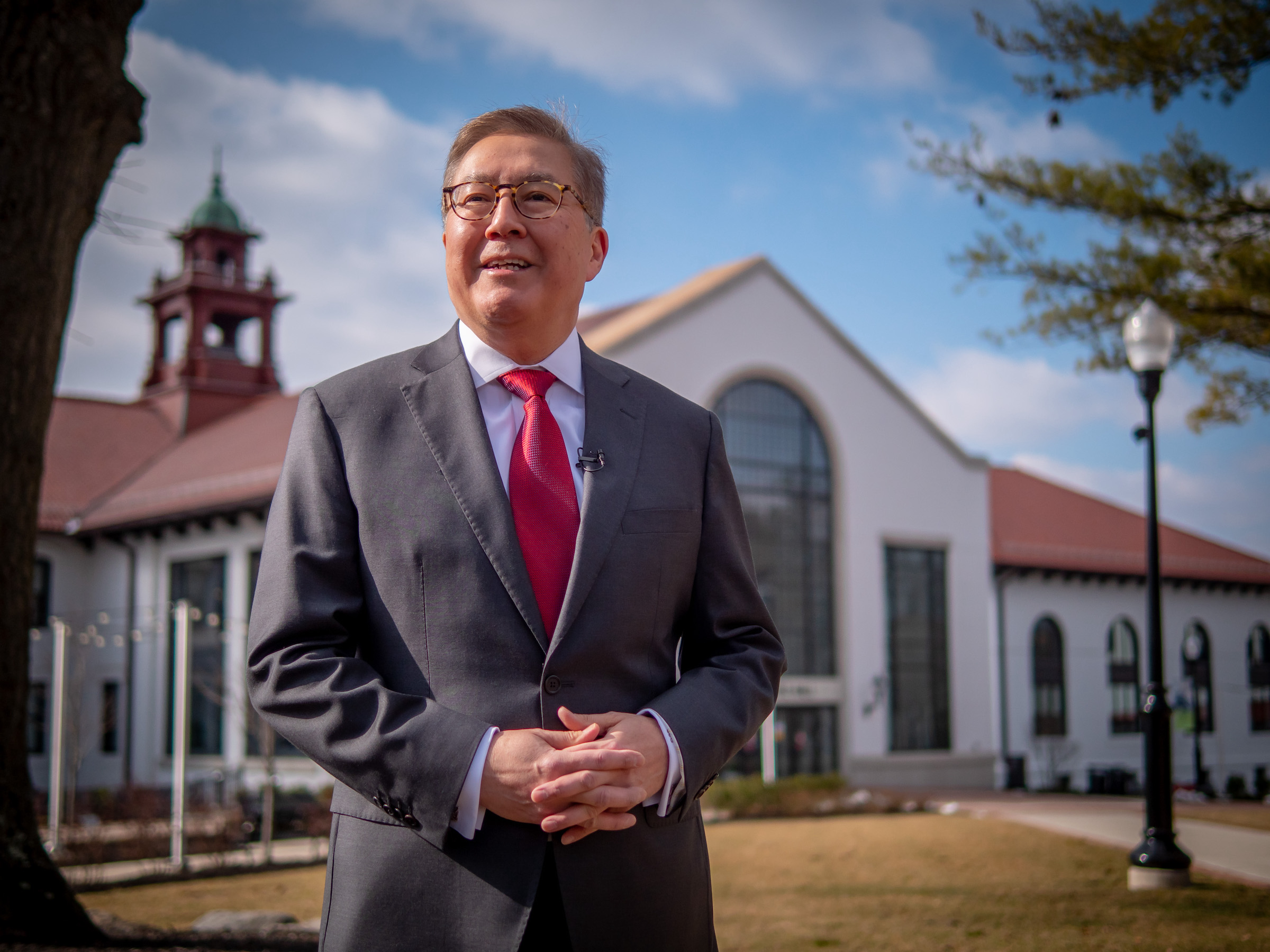 Photo of Montclair State University Provost Junius J. Gonzales in front of Cole Hall.