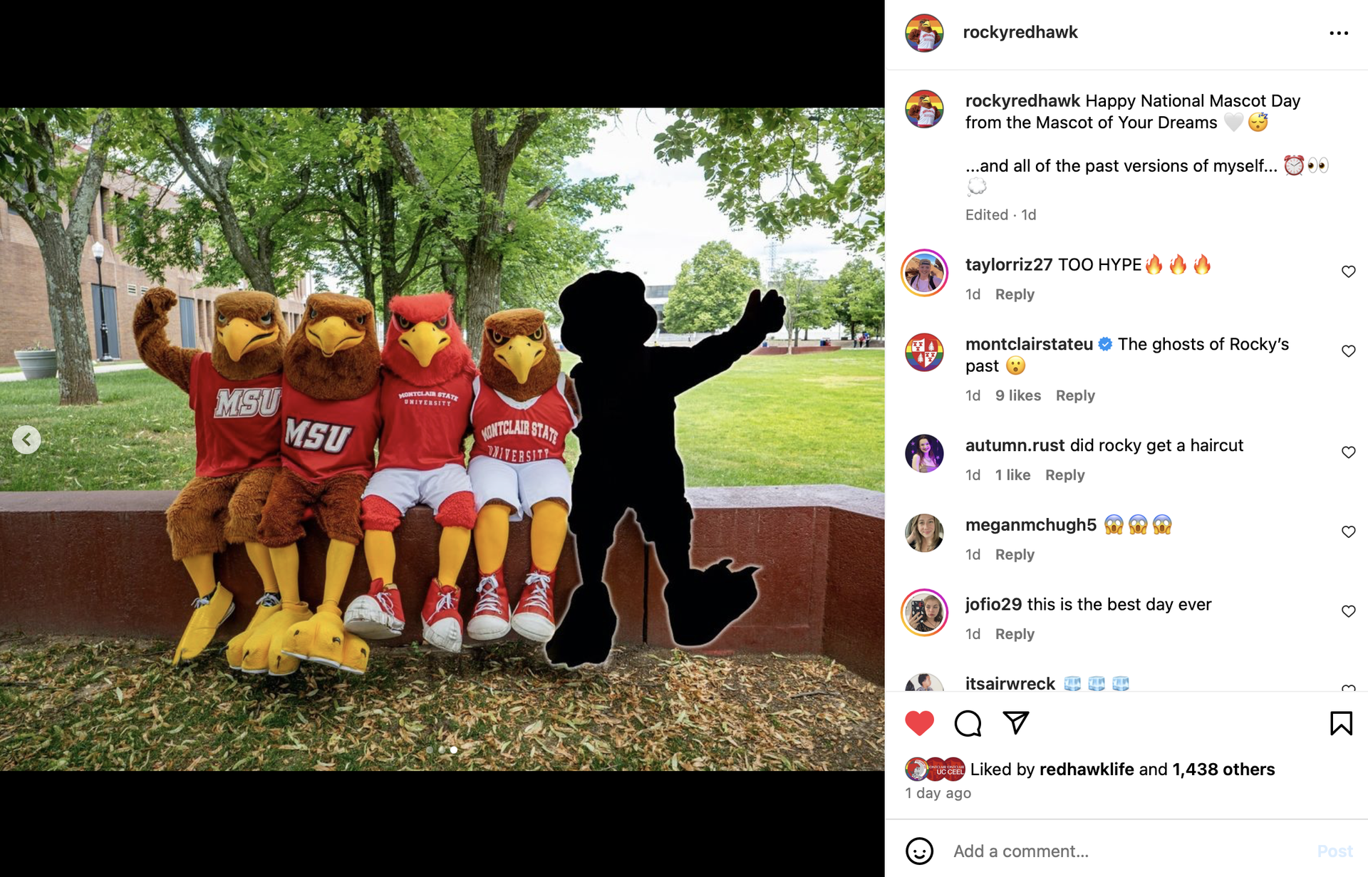 All Rockys posing for Mascot Day. The latest Rocky is censored out for now.