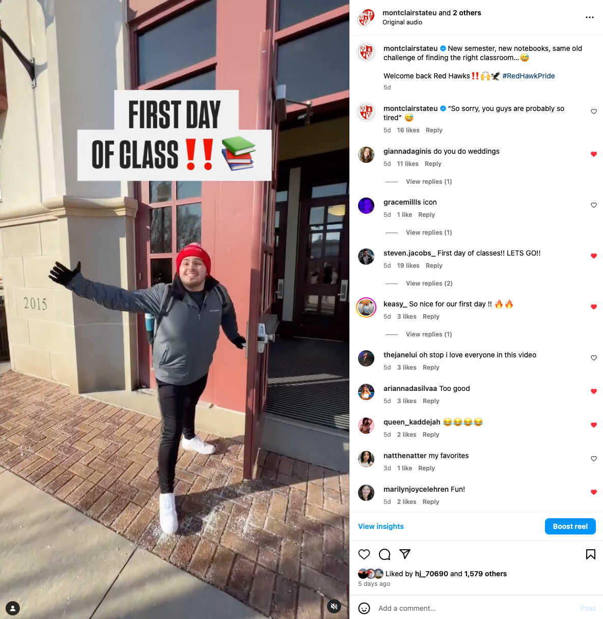 Instagram screenshot of a Student starting their first day of class.