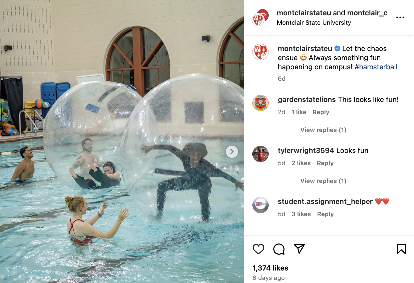 Instagram screenshot of people playing in the Student Rec pool inside hamster ball.