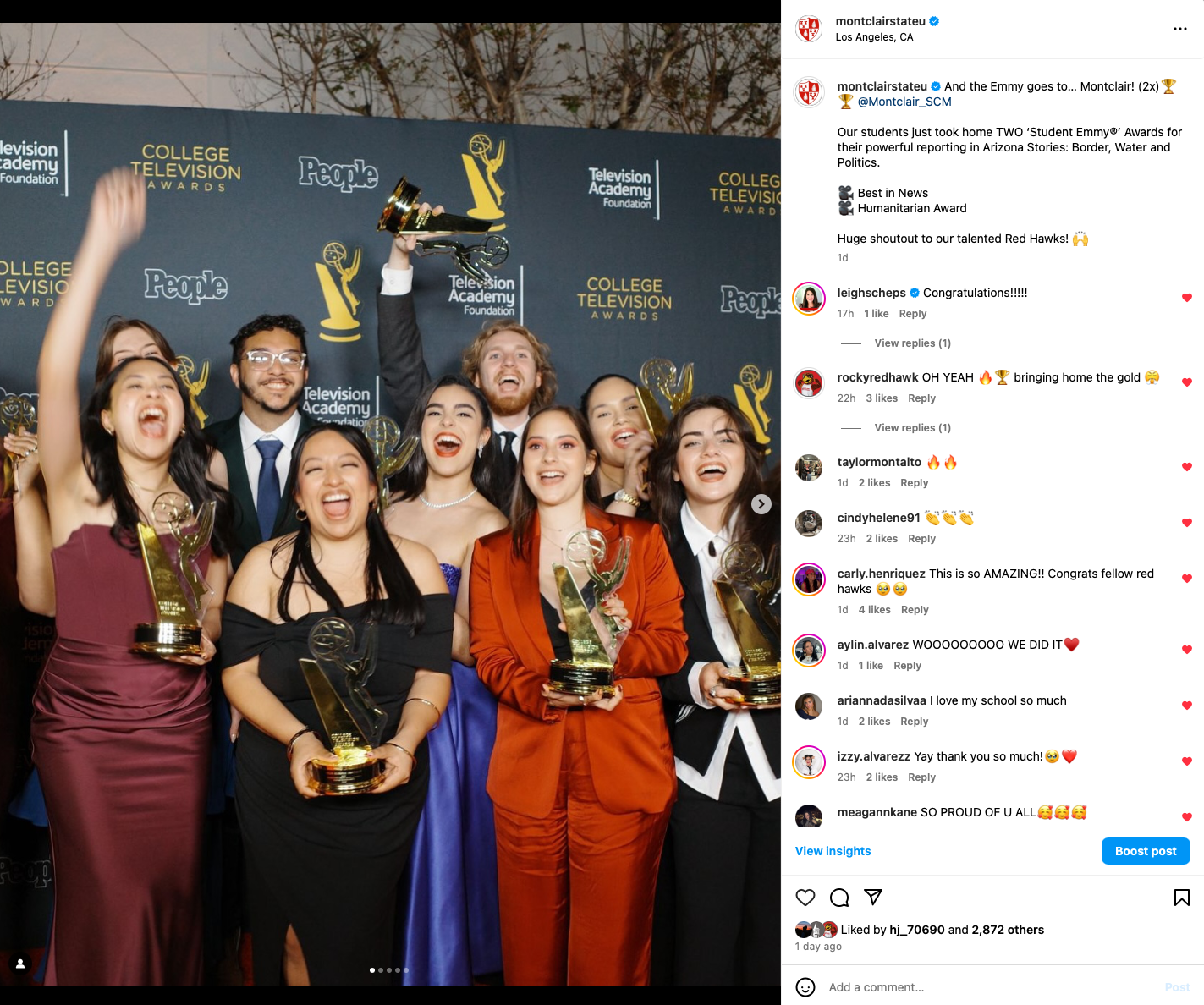 Instagram screenshot of people celebrating in the College emmys