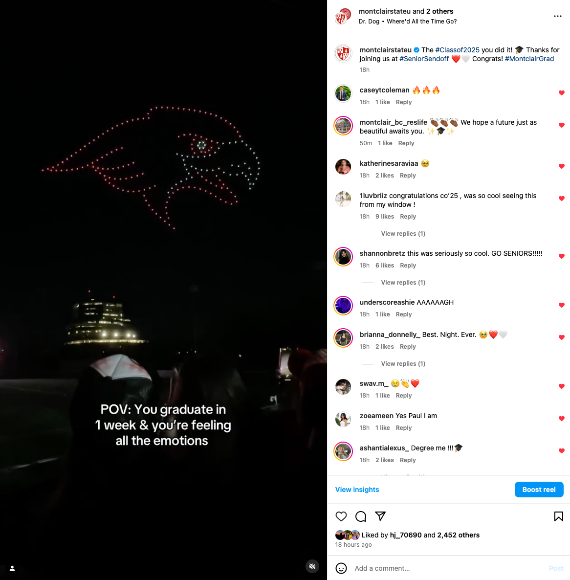 Screenshot from Instagram of a drone show. The drones make up the Montclair State University Red Hawk logo.