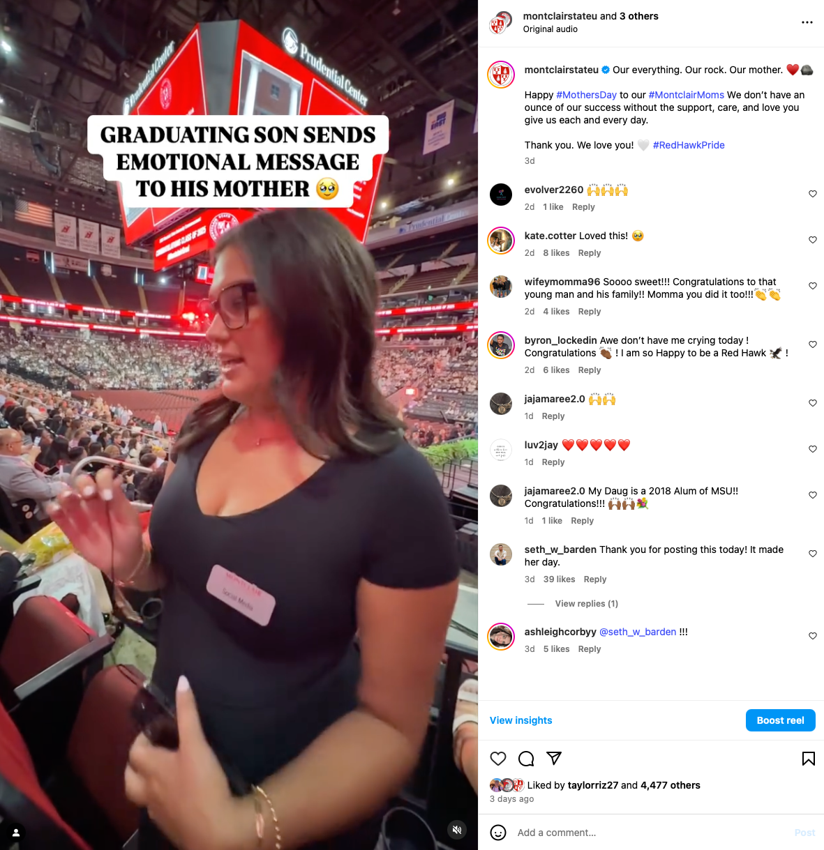 Instagram Screenshot about a graduating son giving his mother a message for Mother's Day.