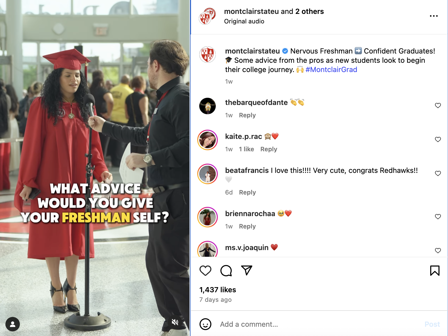 Instagram screenshot of a Graduate giving adive to freshmen.