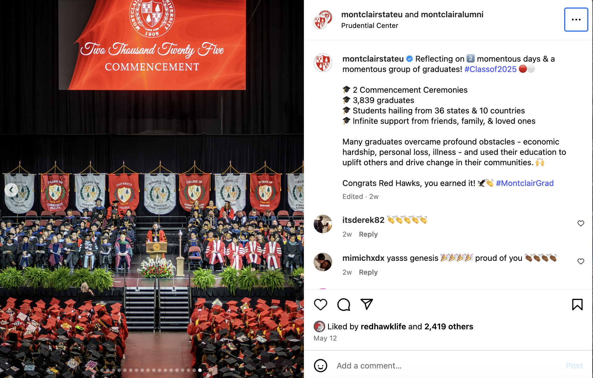 Instagram screenshot of Montclair's 2025 Commencement.