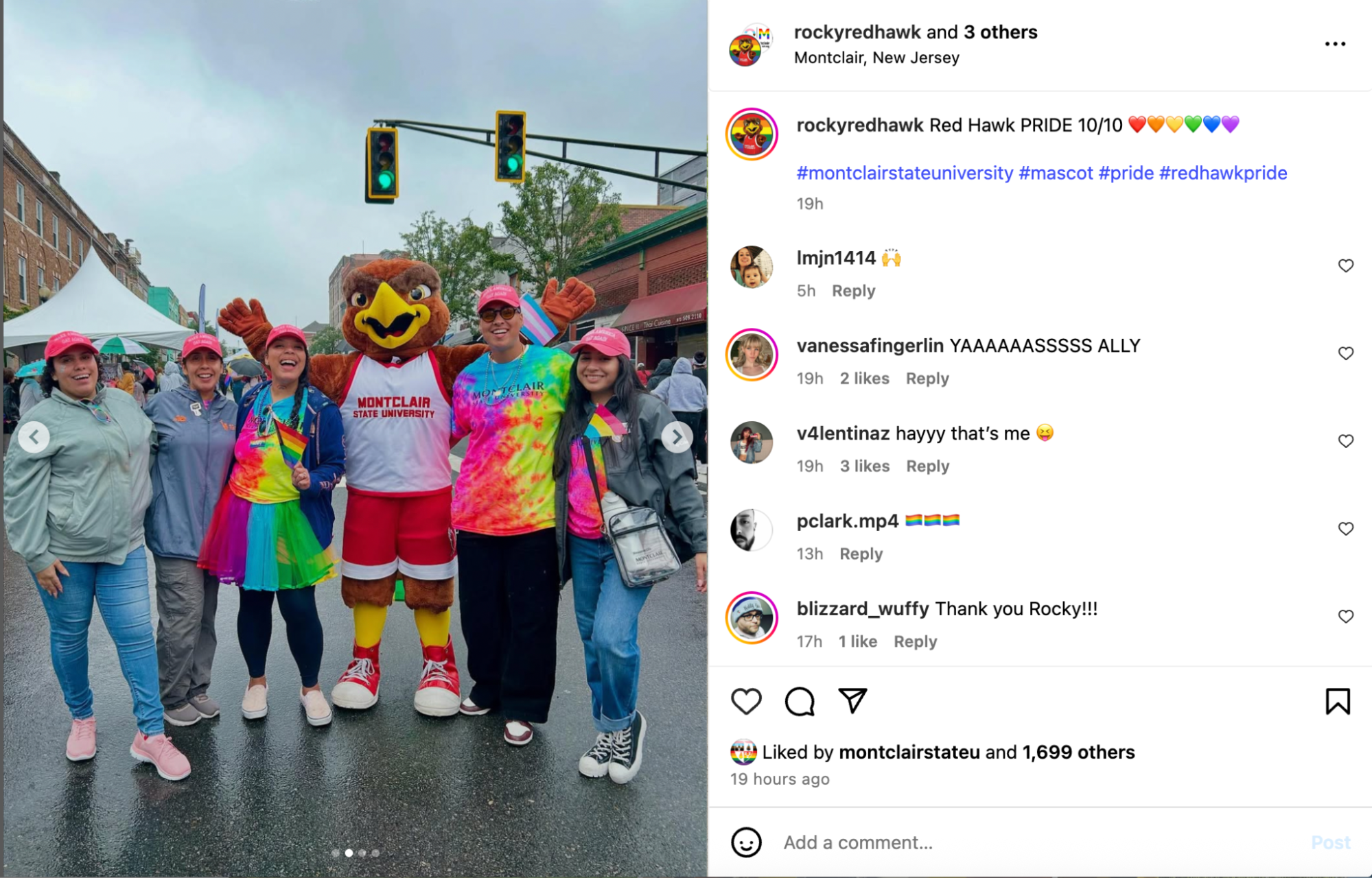 A screenshot of a Rocky the mascot posing with a group at Montclair Pride event.