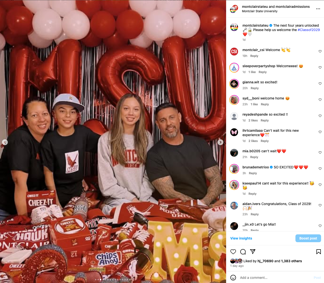 A screenshot of a student celebrating her acceptance to Montclair with her family.