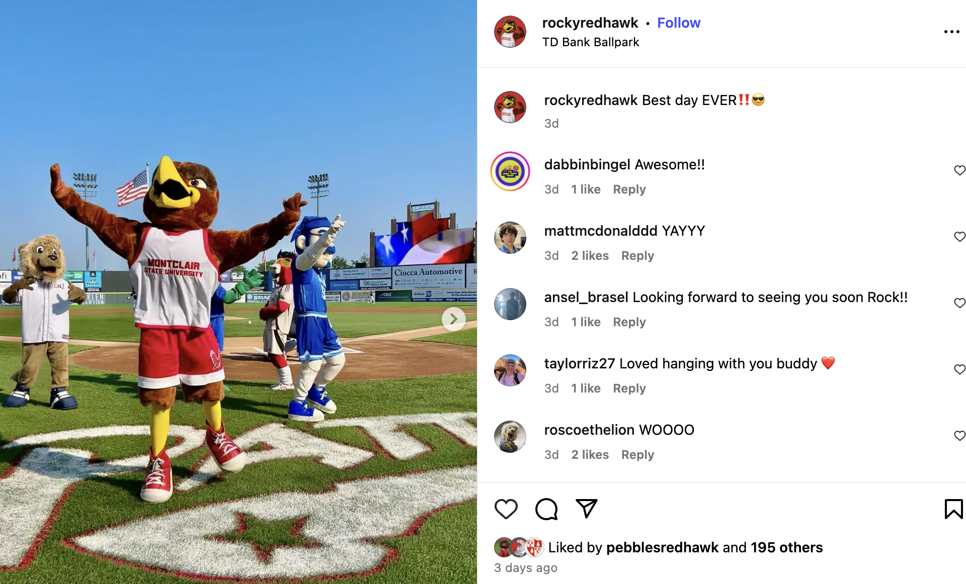 Mascot Rocky the RedHawk pictured with other mascots on field.
