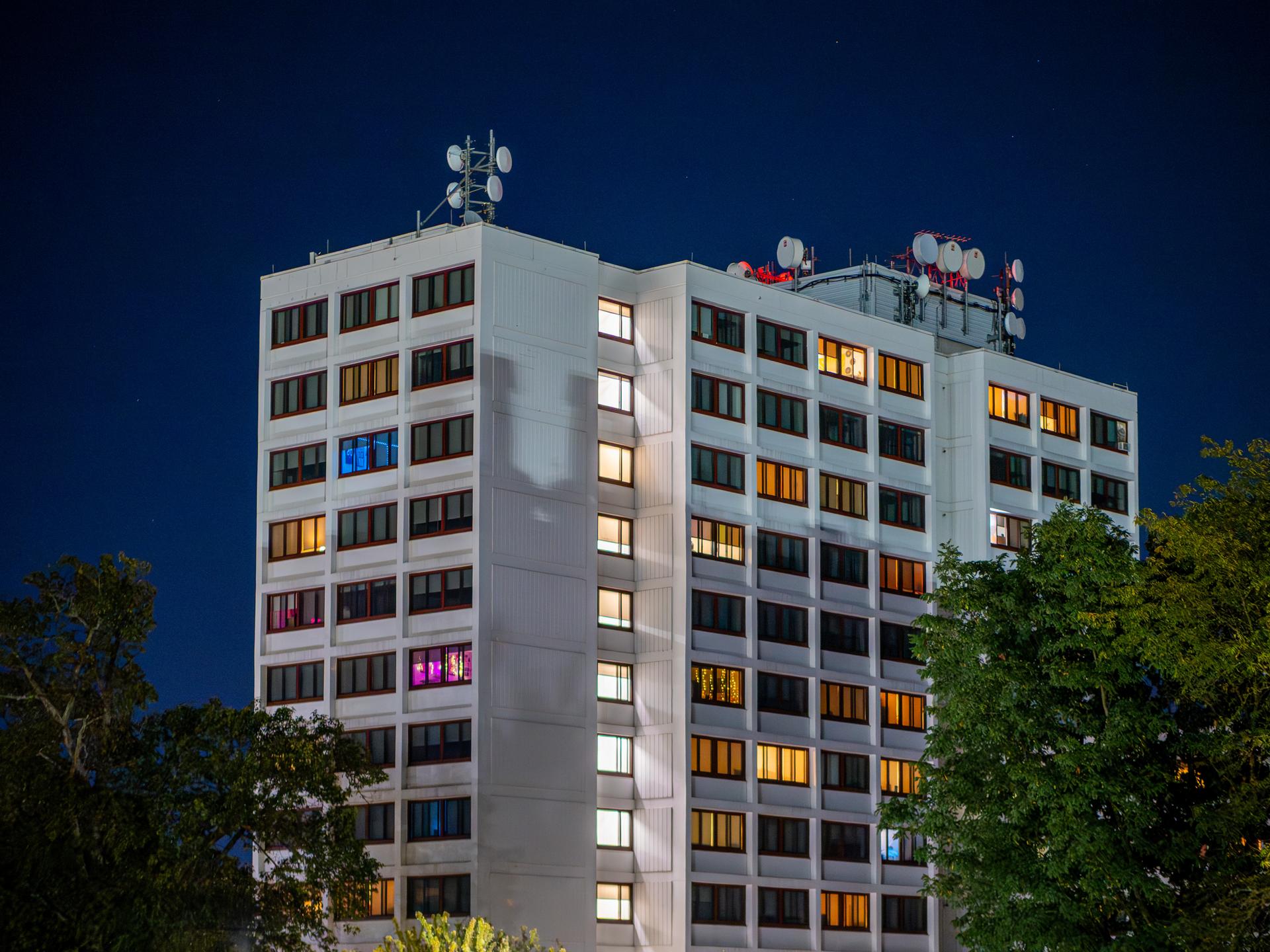 Dorm on Montclair Campus photographed at night