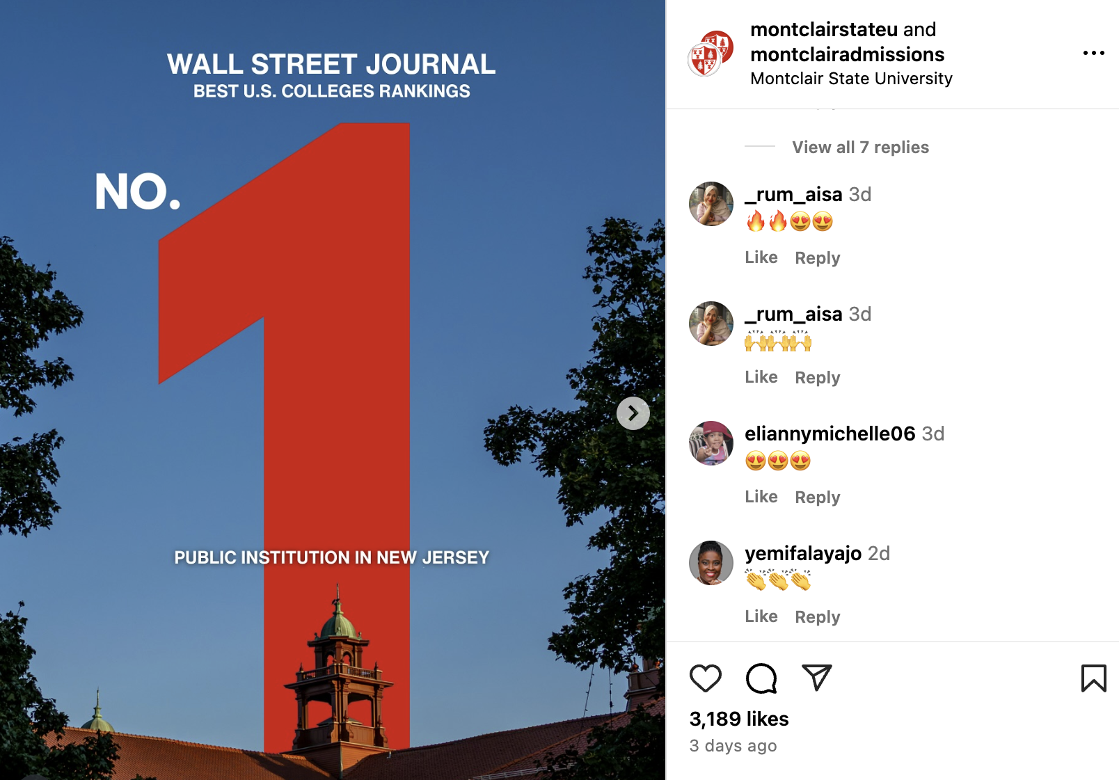 Screenshot of Montclair State University's Wall Street Journal ranking via the University Instagram