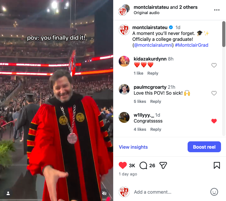 Screen shot of post from the University's Instagram highlighting Winter Commencement 2026