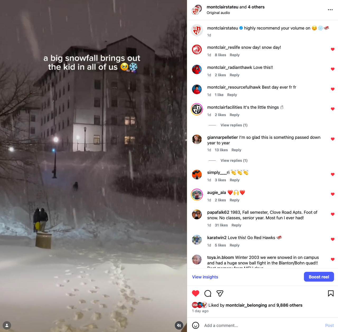 Screen shot of post from the University's Instagram highlighting students sledding in the snow on Montclair's campus.