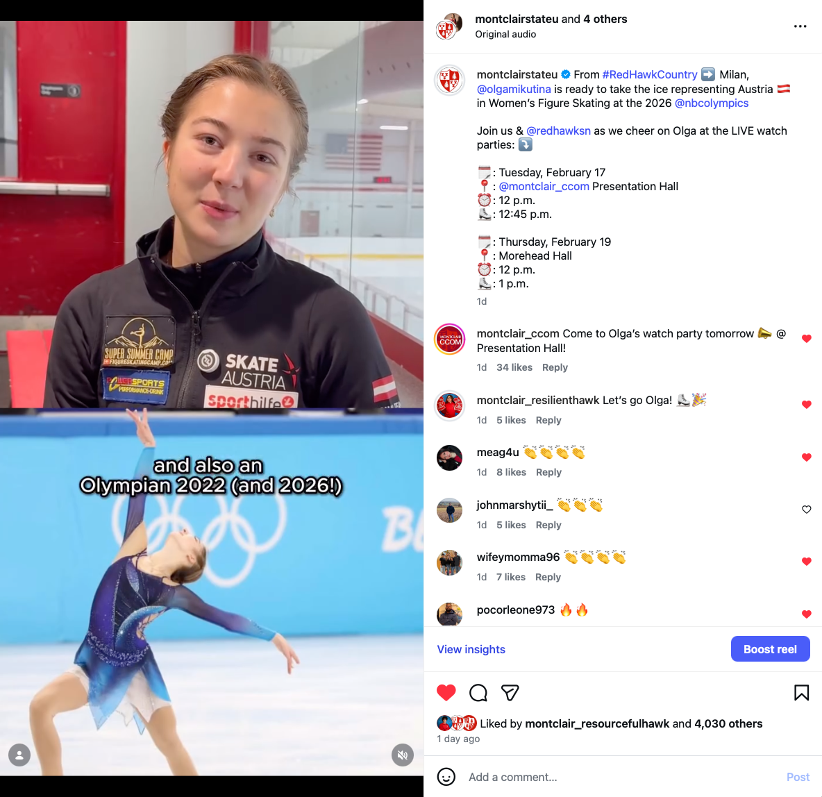 Screenshot of post from the University's Instagram highlighting student, Olga Mikutina at the winter olympics.