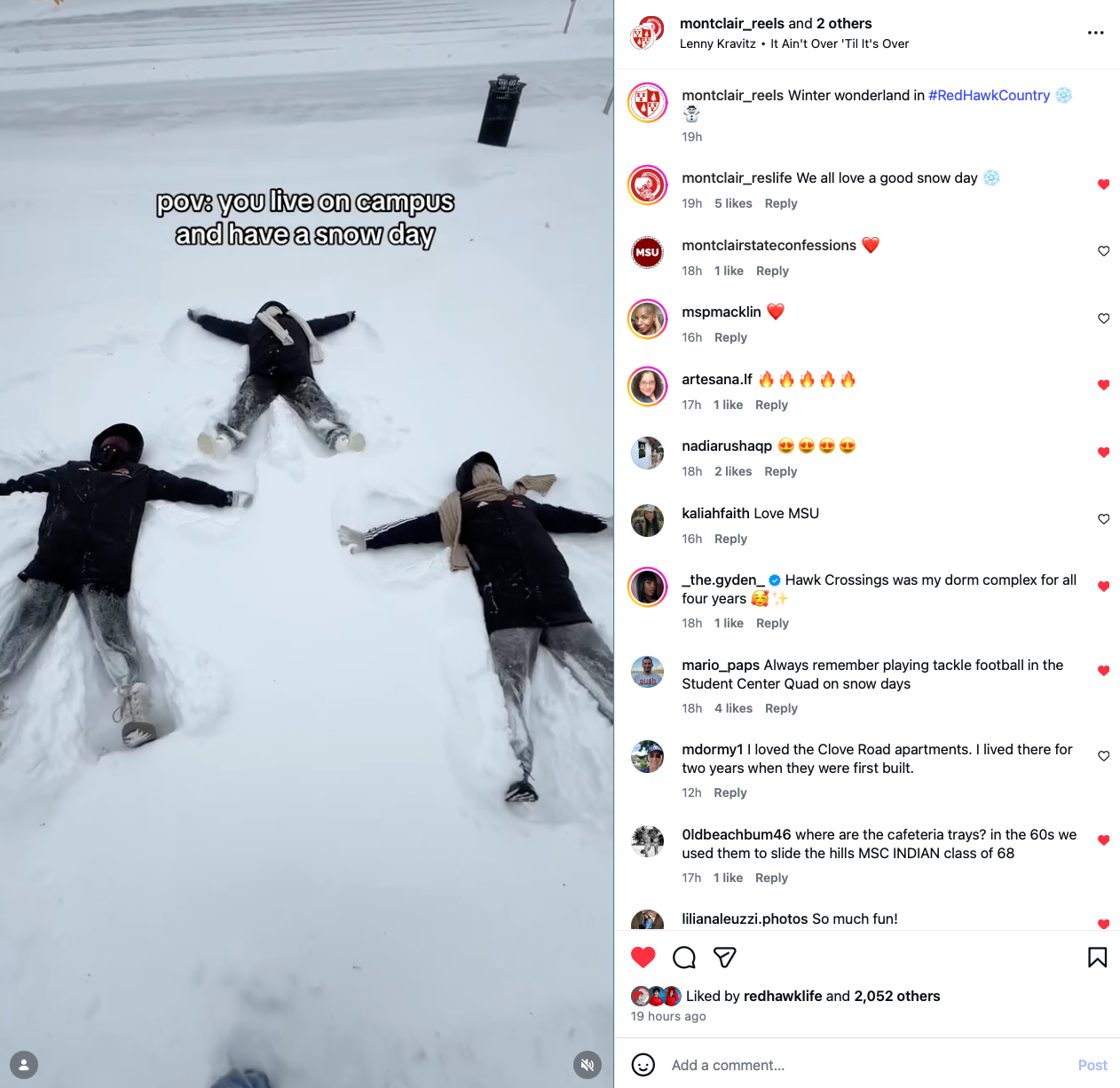 Screen shot of post from the University's Instagram about students playing in the snow. 
