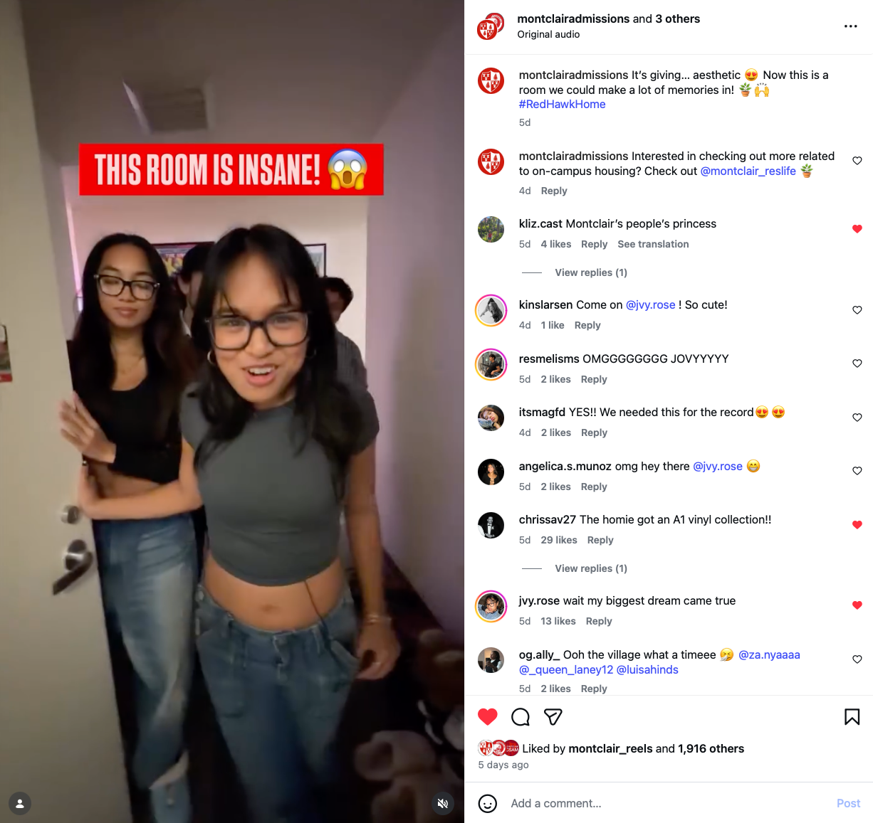 Screenshot of post from the University's Instagram highlighting students students giving a tour of their dorm room