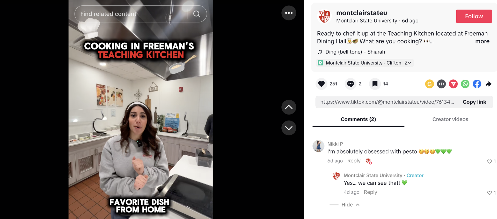 Screen shot from Montclair's TikTok's account about cooking in Freeman's teaching kitchen.