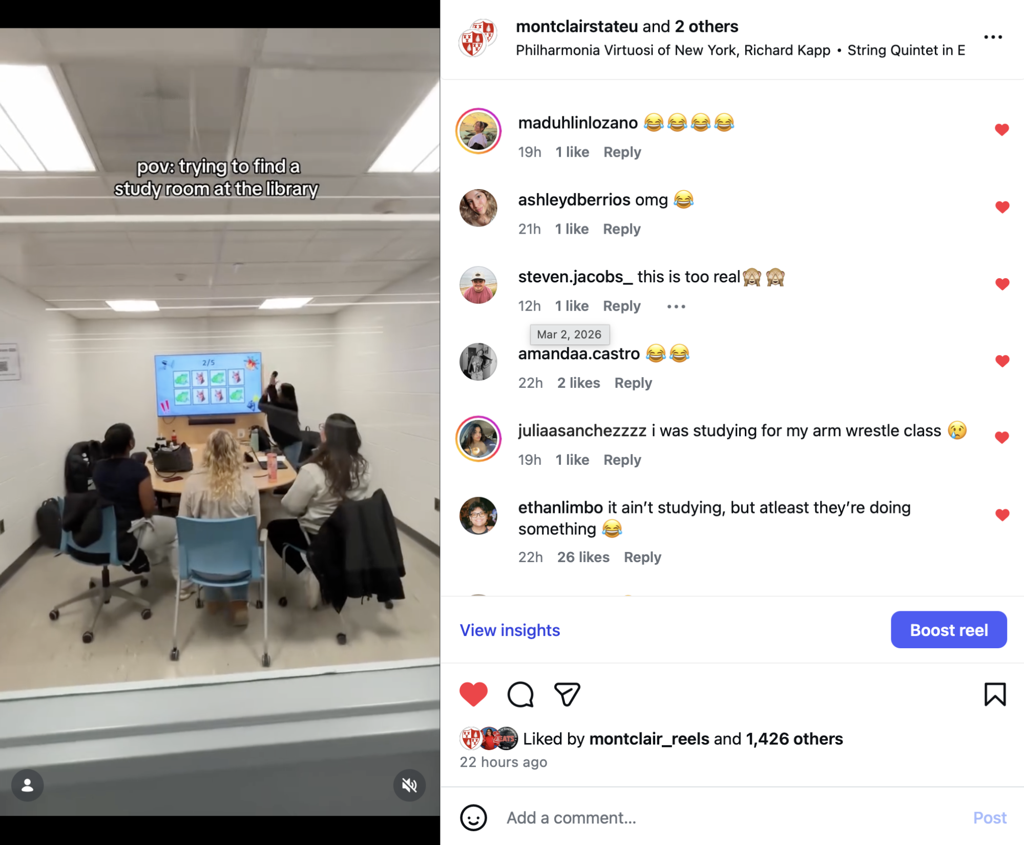 Screen shot from Montclair's instagram account about rooms in the library.