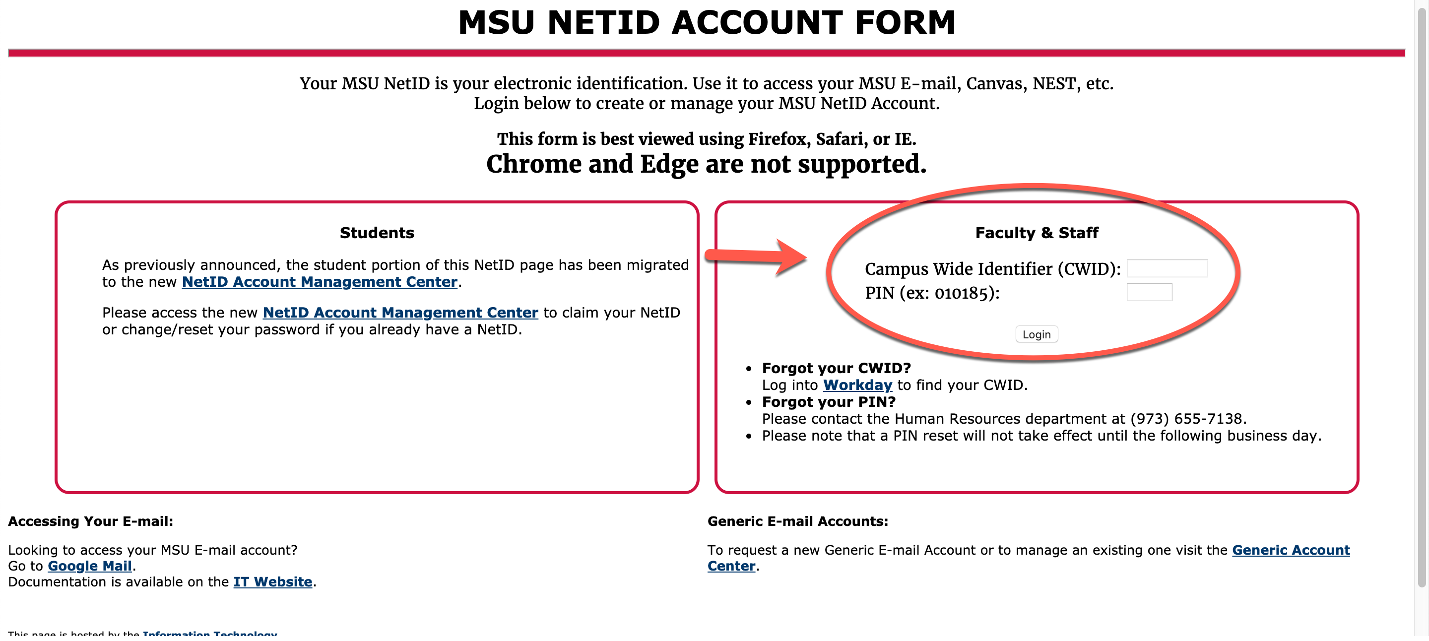 Netid form screenshot with faculty and staff highlighted
