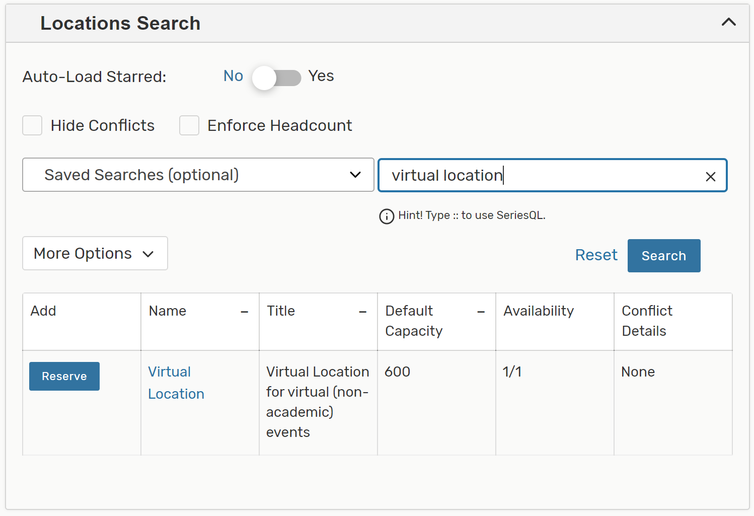 Search for virtual location in 25Live