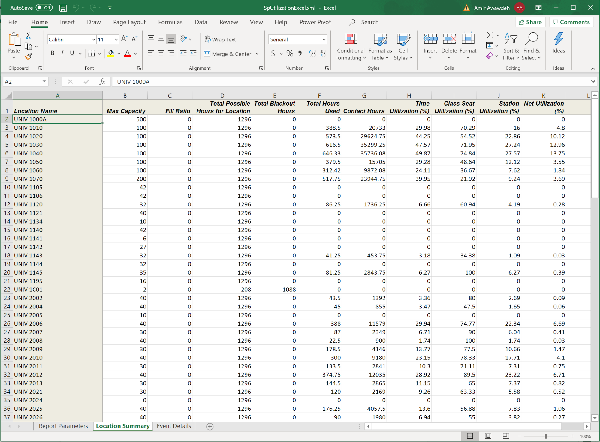 Excel sample report in 25Live