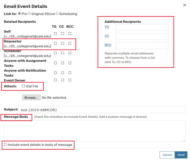 Email event details page in 25Live