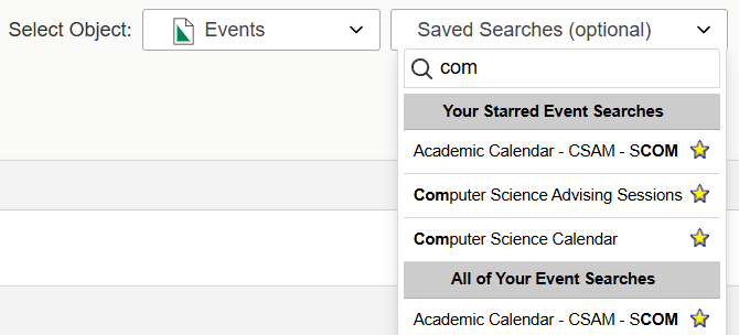 Starred event searches in 25Live