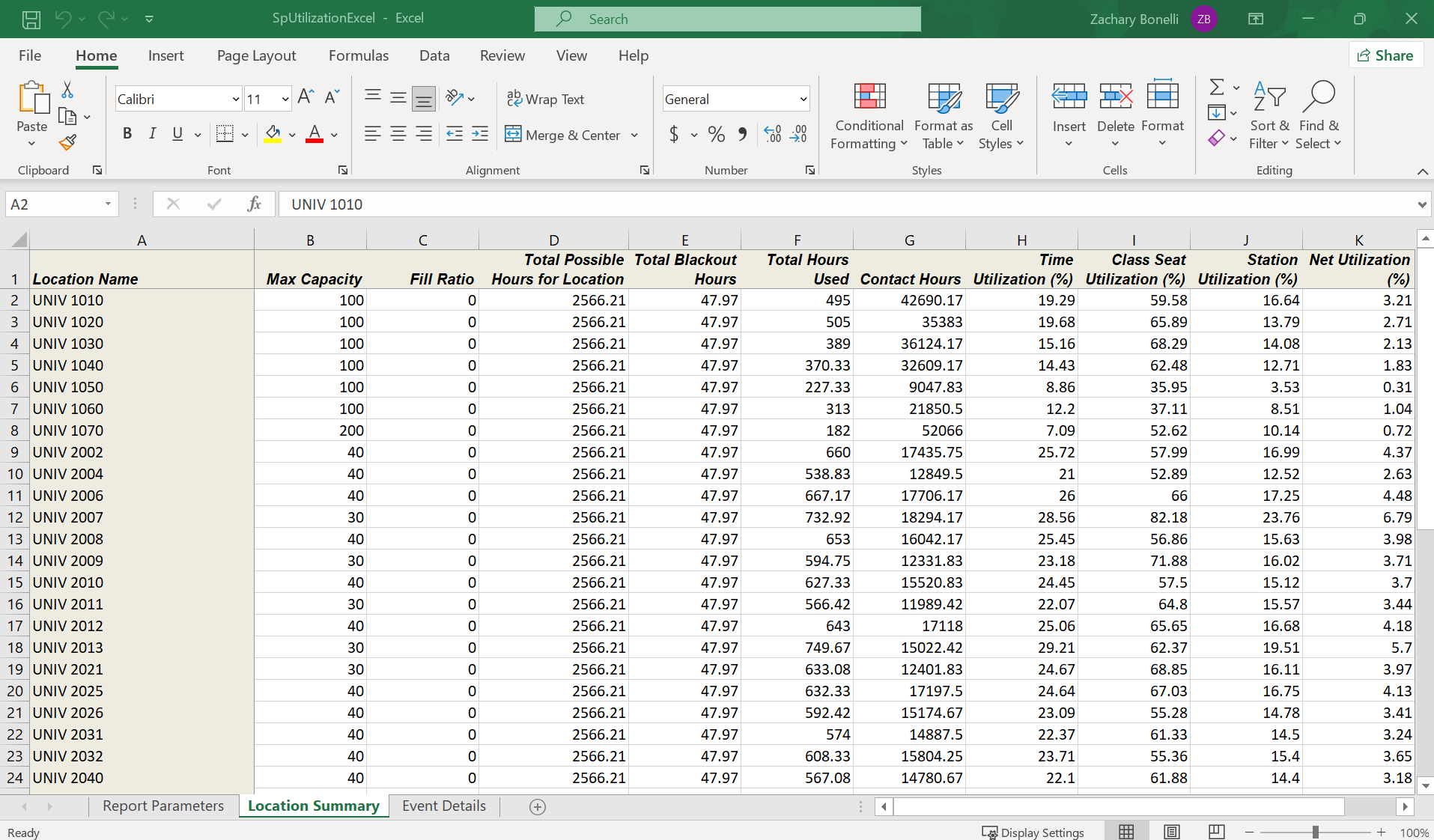 Excel sample report in 25Live