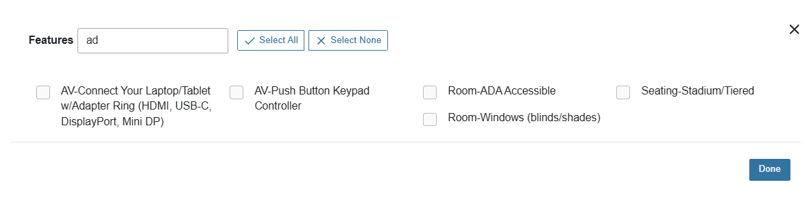 Features criterion in 25Live, "ad" in search bar