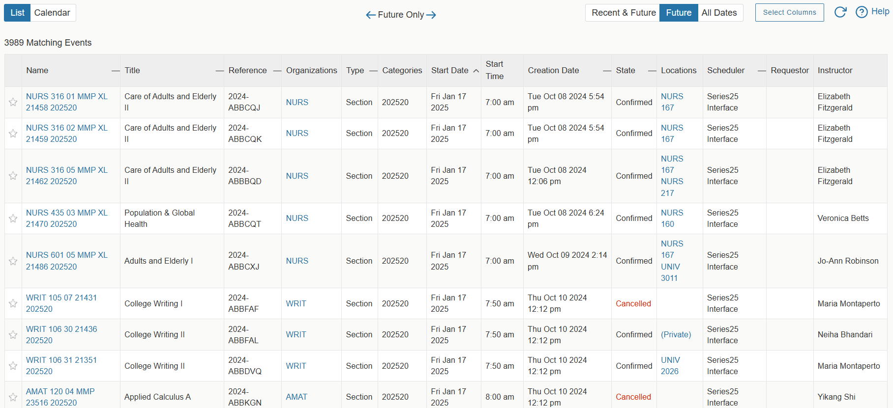 List of academic events in 25Live