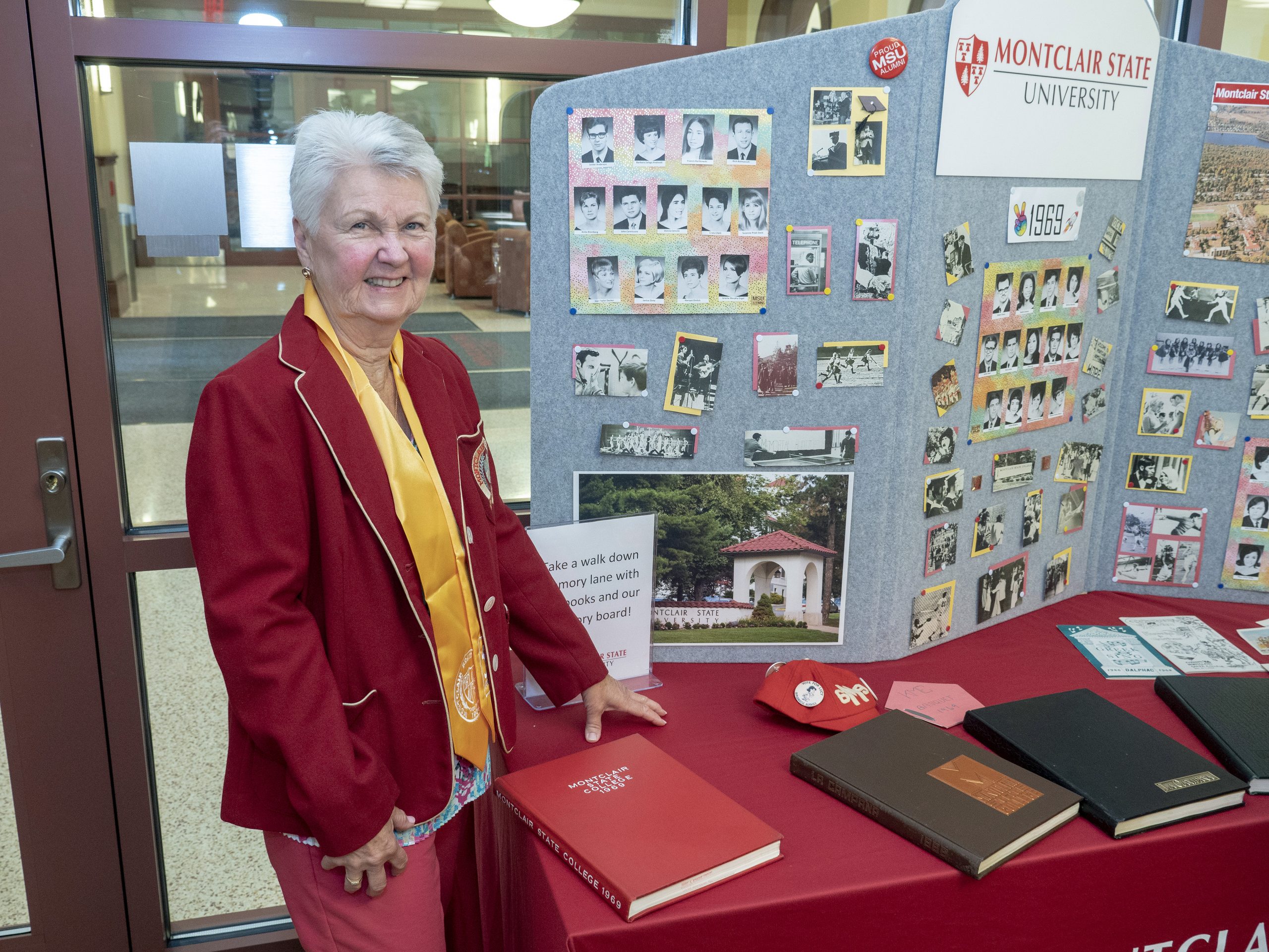 Woman with photo collage at reunion