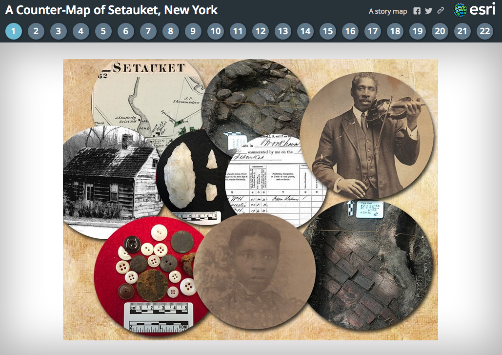 Website screenshot saying "A Counter-Map of Setauket, New York." Feaures a collage of images with old photos and archaeological findings.