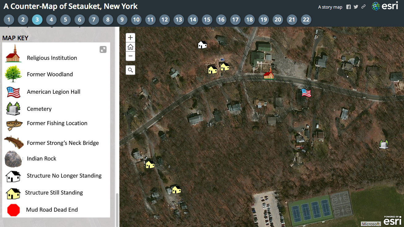 Website screenshot saying "A Counter-Map of Setauket, New York." Feaures a map and a map key.