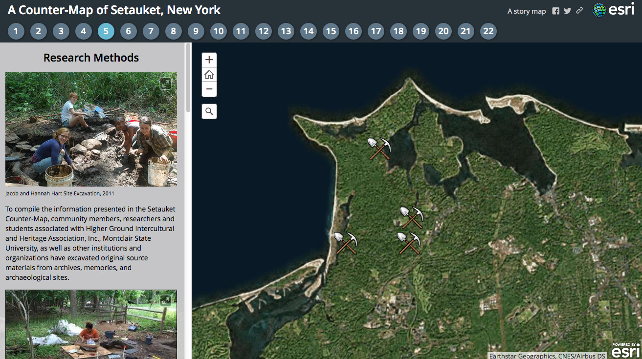 Website screenshot saying "A Counter-Map of Setauket, New York." "Research Methods" Feaures a map and photos of students on a dig.