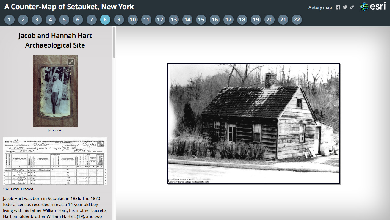 Website screenshot saying "A Counter-Map of Setauket, New York." "Jacob and Hannah Hart Archaeological Site." Features a photo of a house and a photo of a person.