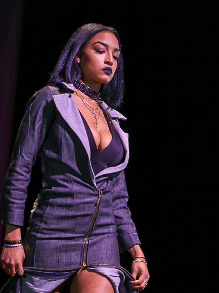 woman in denim dress