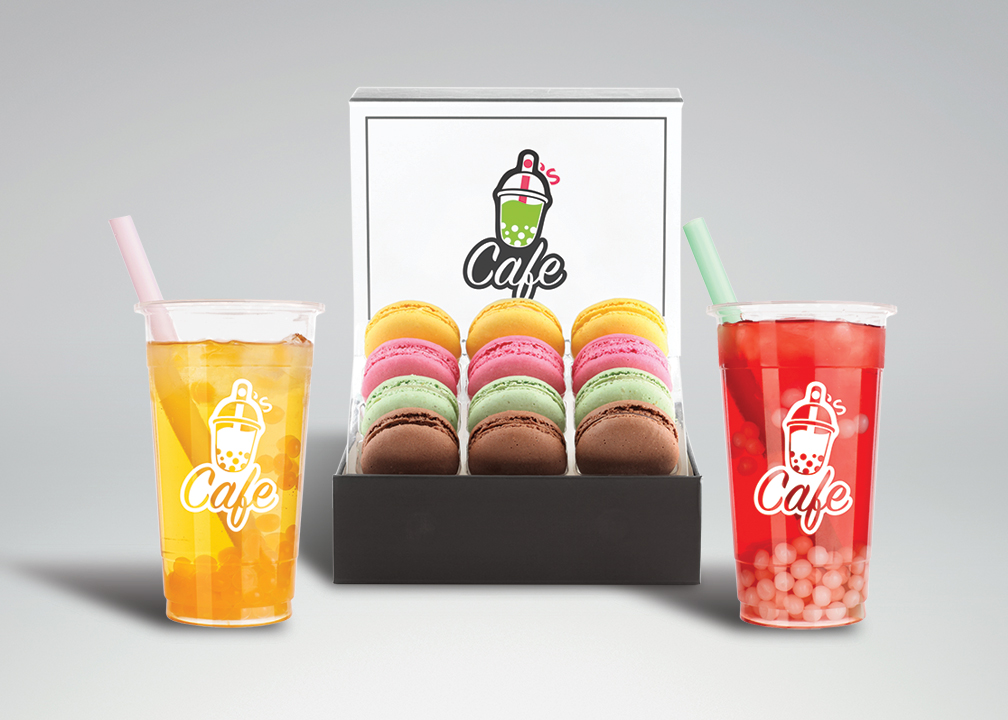 macaron and bubble tea packaging