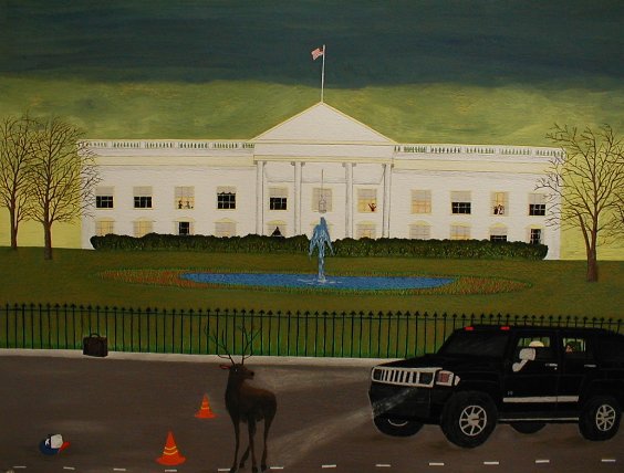 painting of the white house with moose