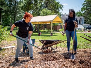 Volunteers spreading mulch