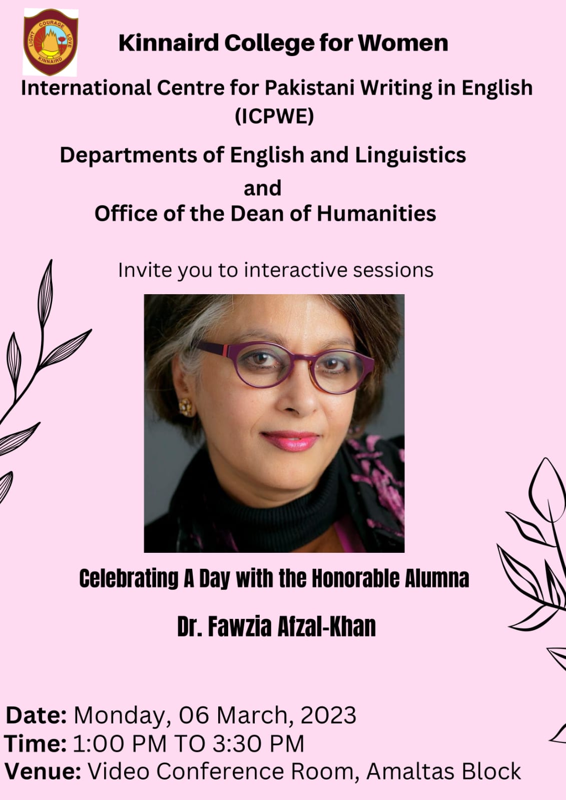 flyer of event featuring fawzia afzal khan