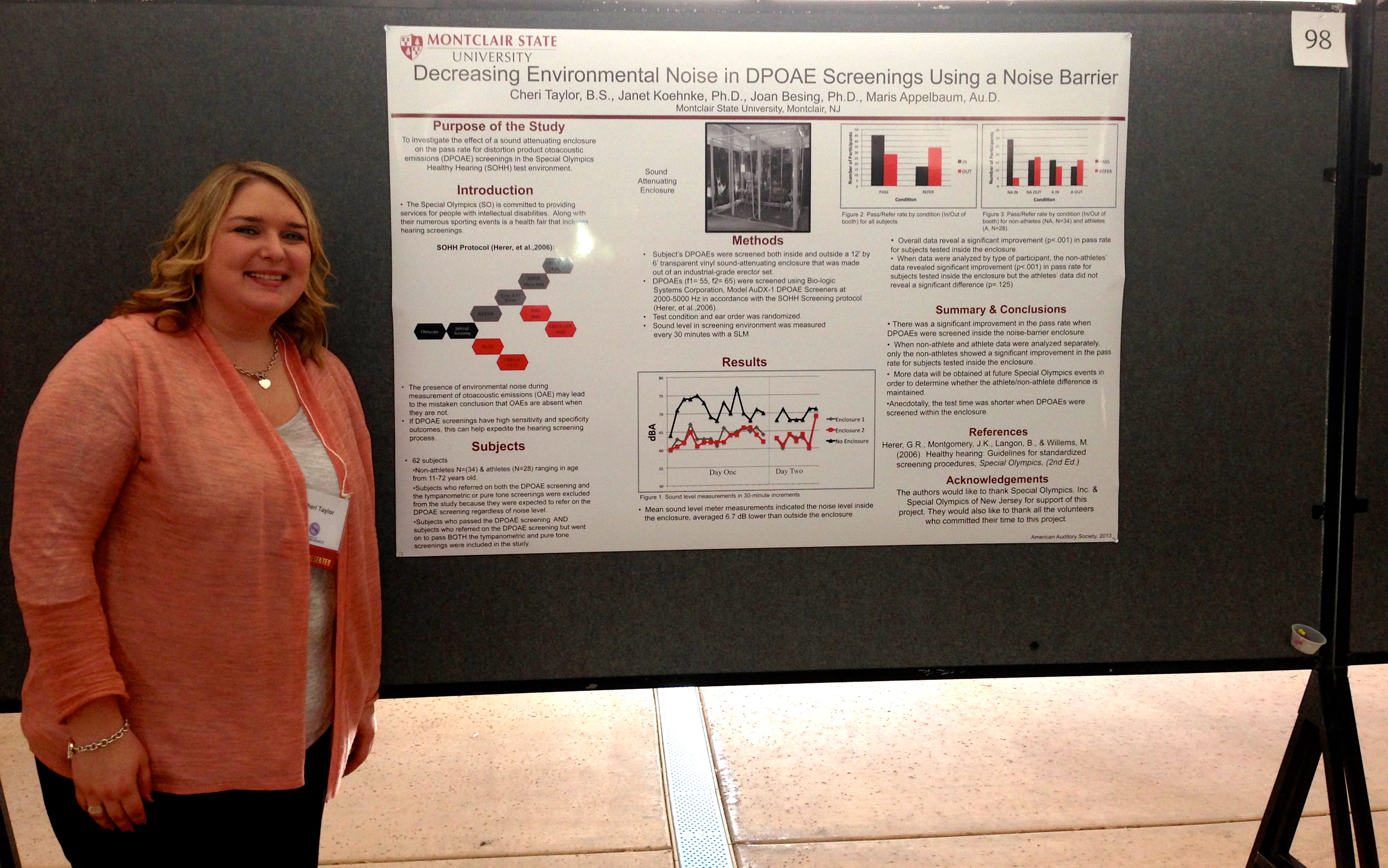 Cheri Taylor and her poster at the American Auditory Society 2013 meeting - Decreasing Environmental Noise in DPOAE Screenings Using a Noise Barrier