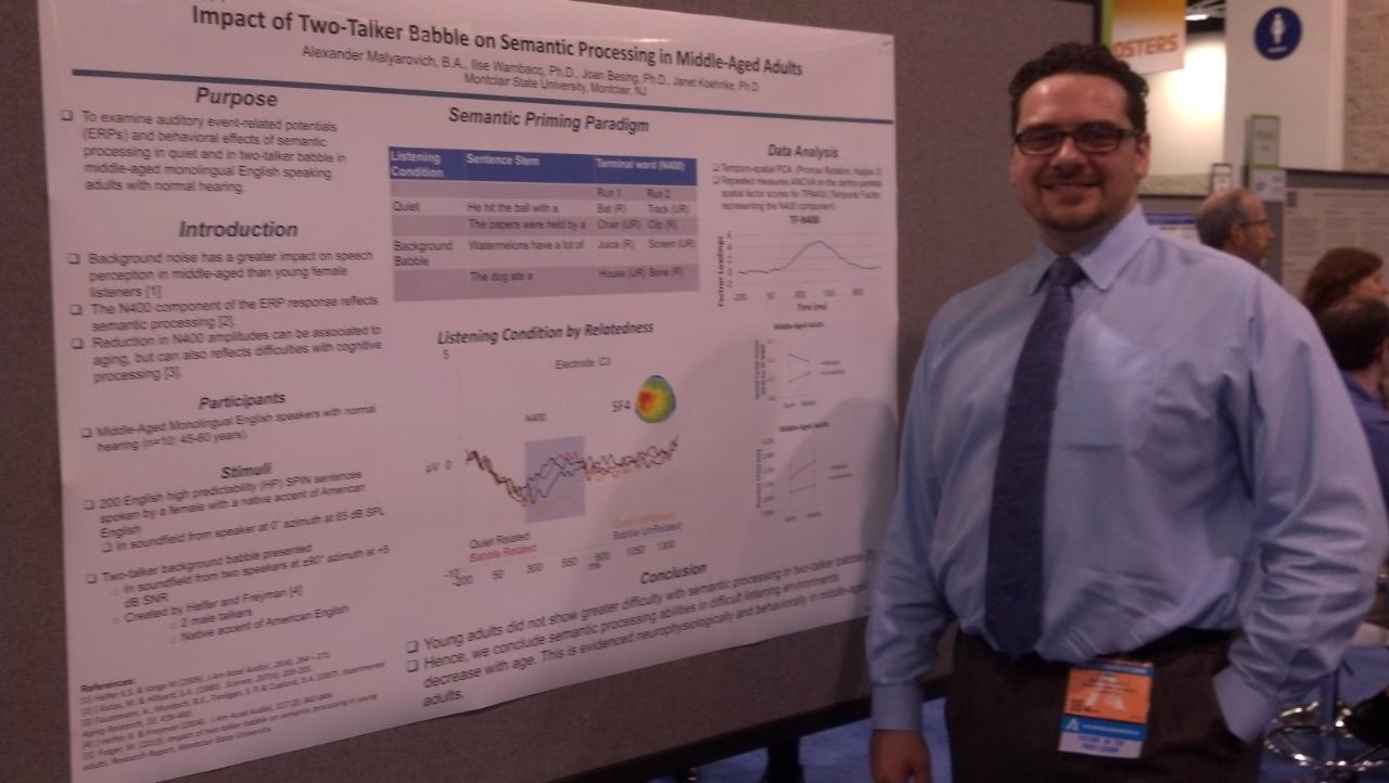 Alexander Malyarovich and his poster at the 2013 American Academy of Audiology Meeting - Impact of Two-Talker Babble on Semantic Processing in Middle-Aged Adults