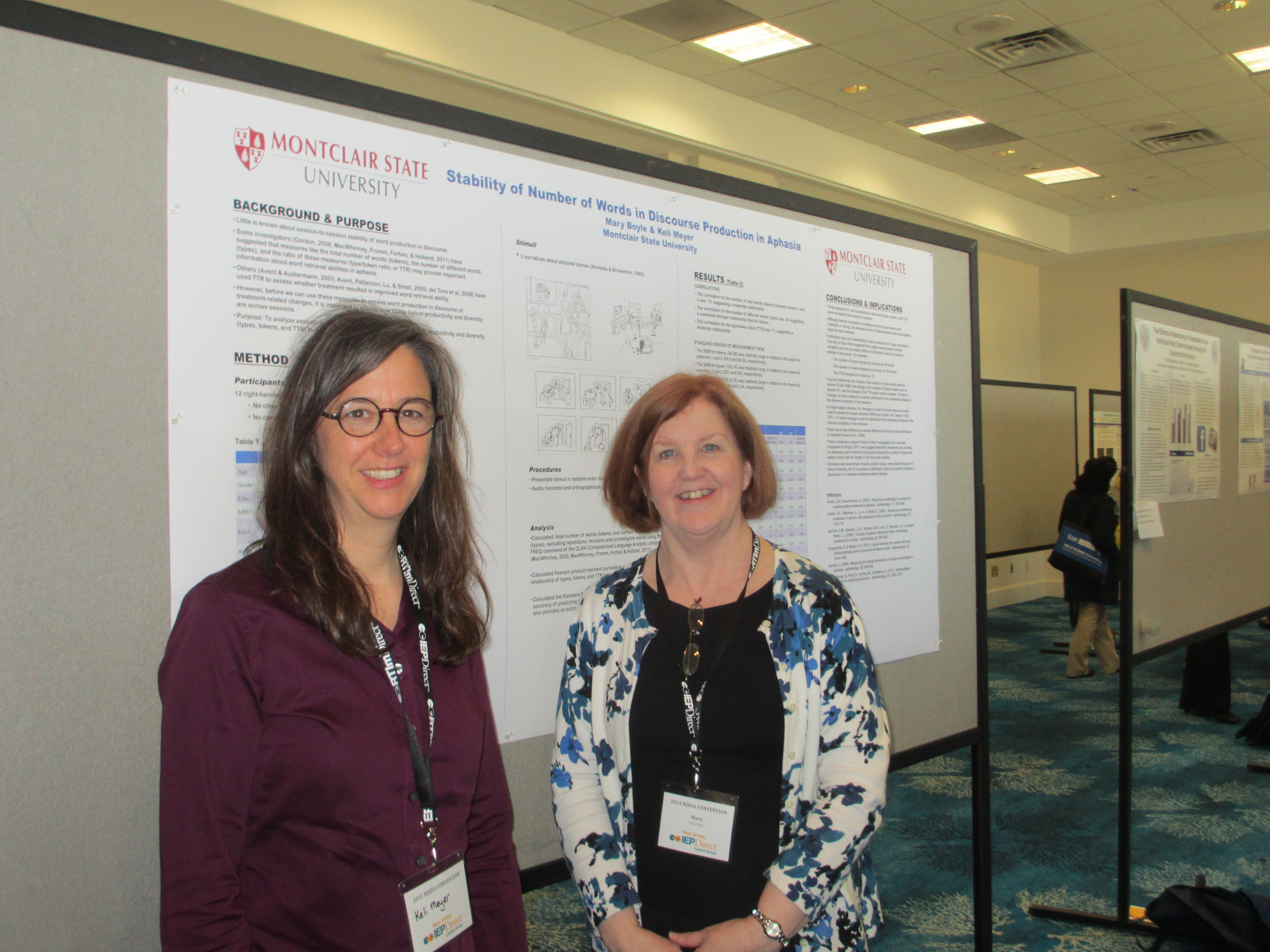 Keli Devin Meyer and her faculty advisor, Dr. Mary Boyle, present their work at the 2013 Meeting of the New Jersey Speech-Language-Hearing Association - Stability of Number of Words in Discourse Production in Aphasia