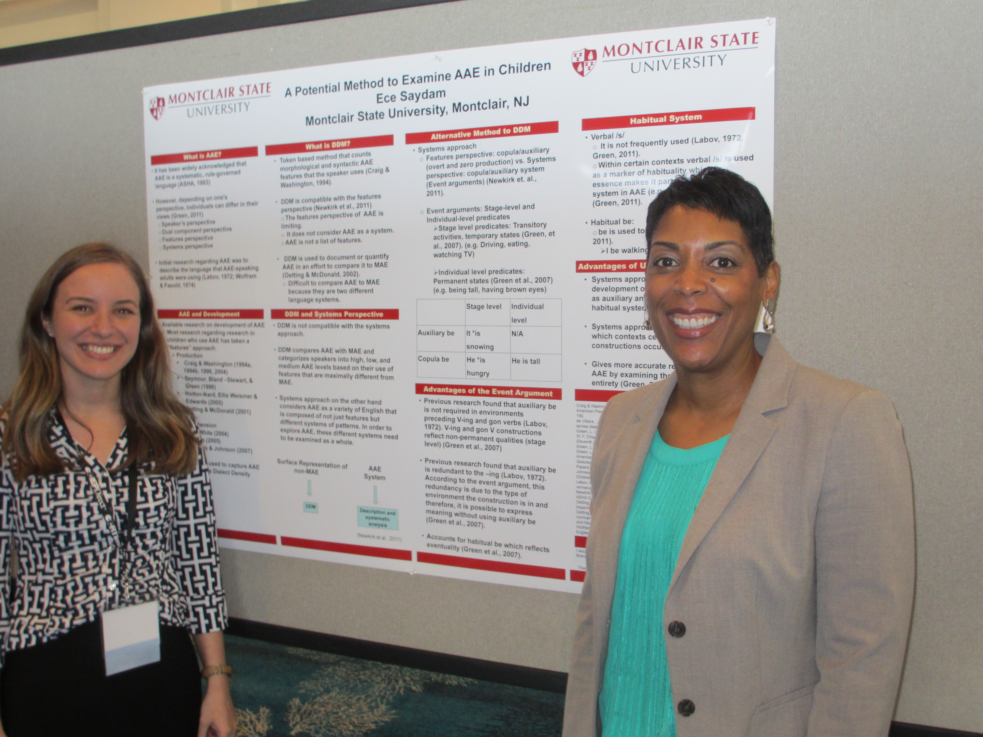 Ece Saydam and her faculty advisor, Dr. Valerie Johnson, present their work at the 2013 New Jersey Speech-Language Hearing Associaton meeting - A Potential Method to Examine AAE in Children