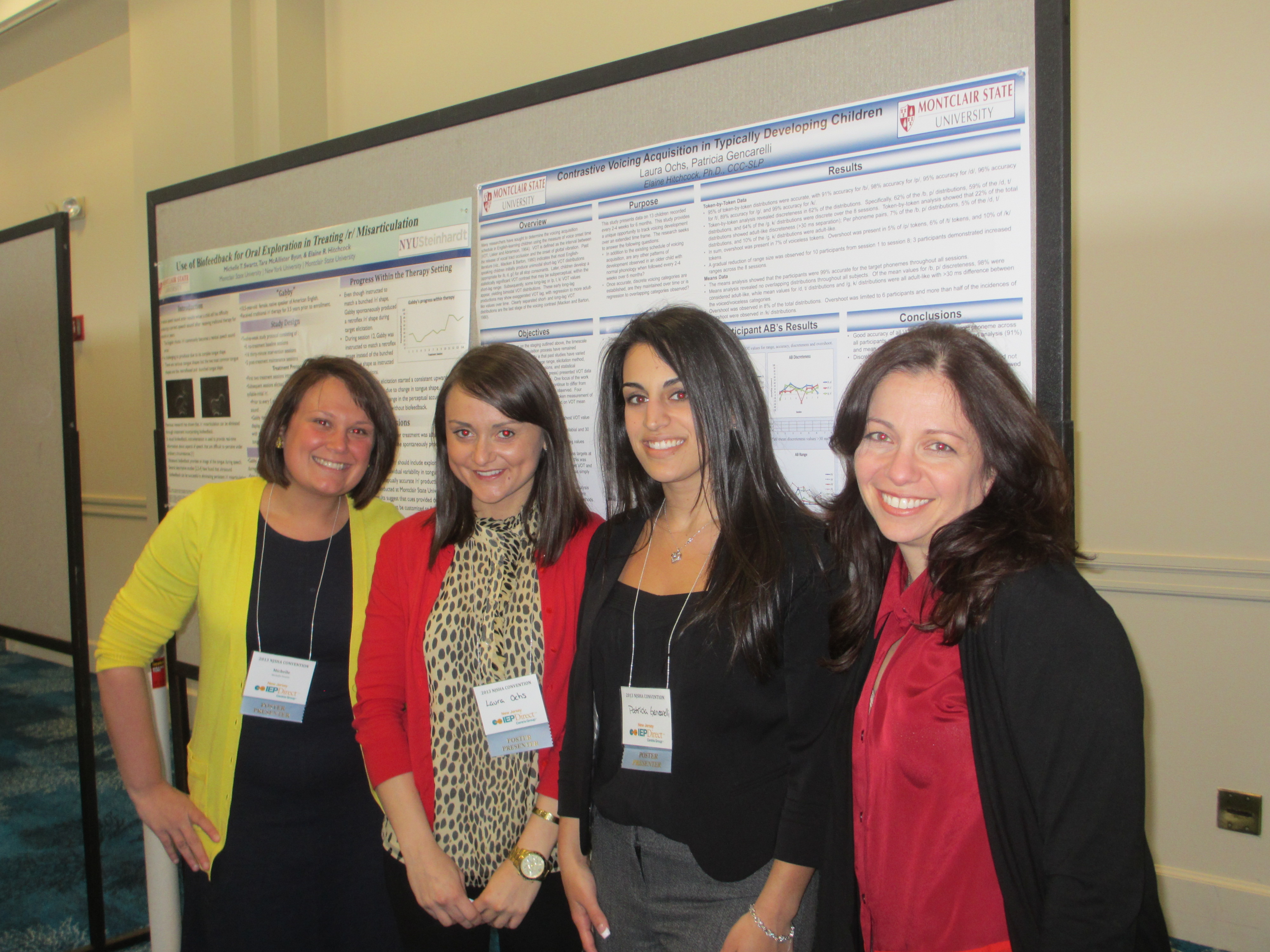 Laura Ochs, Patricia Gencarelli and their faculty advisor, Dr. Elaine Hitchcock, present their posters at the 2013 New Jersey Speech-Language Hearing Association annual meeting - Contrastive Voicing Acquisition in Typically Developing Children Ages 3-8 an