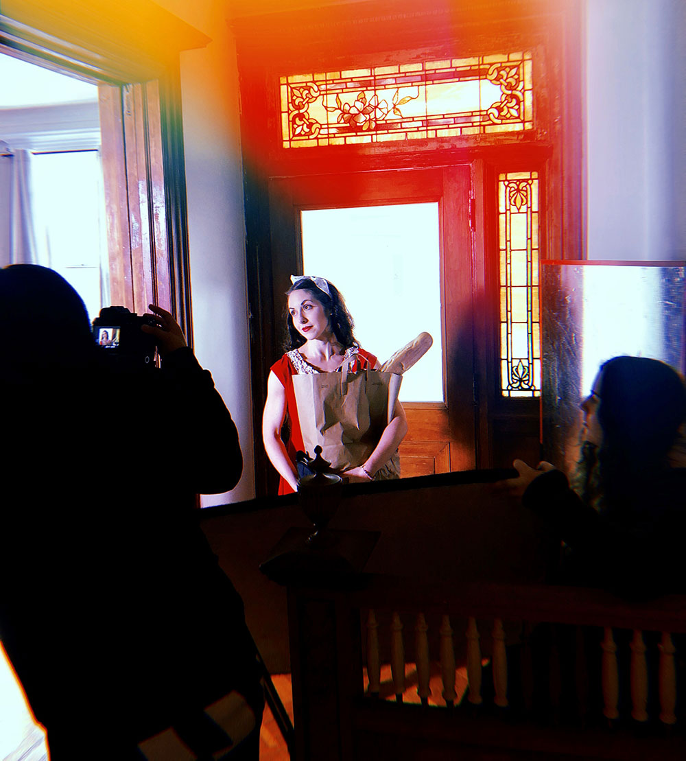 woman in front of doorway On location shoot of Before Talkies